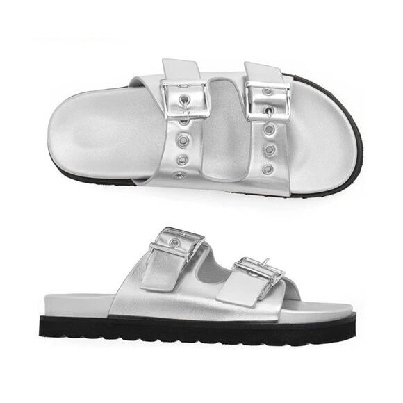 Easyfox Silver Slides Sandals Shoes Women's Double Buckle Adjustable - Picture 2 of 6